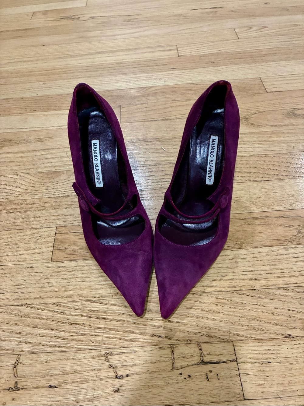 Manolo Blahnik Plum Suede Pointed-Toe Mary Jane Pumps